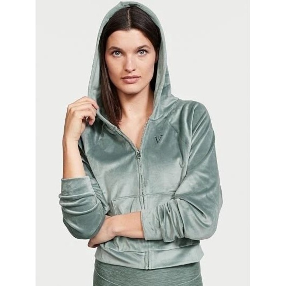 Victoria's Secret Velour Zip Up Hoodie Sage Green Cropped Logo Sweatshirt Large